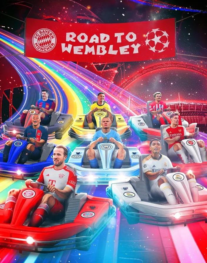 Riders of all ages riding a brightly colored roller coaster as it zips and loops through a sprawling water park,a group of people riding European soccer teams on a roller coaster,Respect the original image as much as possible 