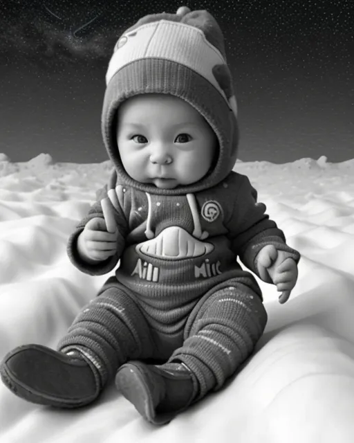 a black and white photo of a baby sitting in the snow