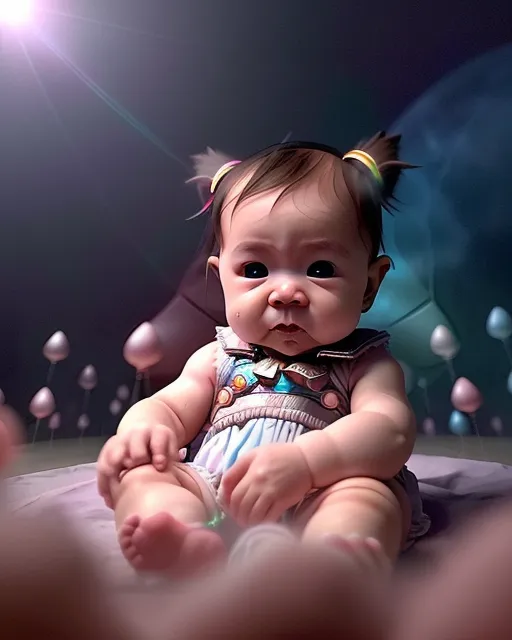 a baby girl sitting on a bed with balloons in the background