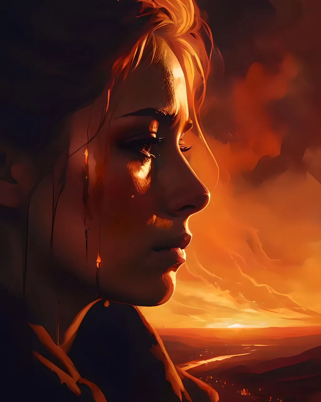 a digital painting of a woman's face with a sunset in the background, a painting of a woman with a sunset in the background, the effect of light from a Bonfire with flying sparks, everything is in high quality, portrait shooting on a professional film camera, the girl has sparkles on her cheeks.