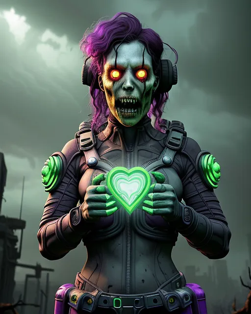 a woman with purple hair holding a green heart