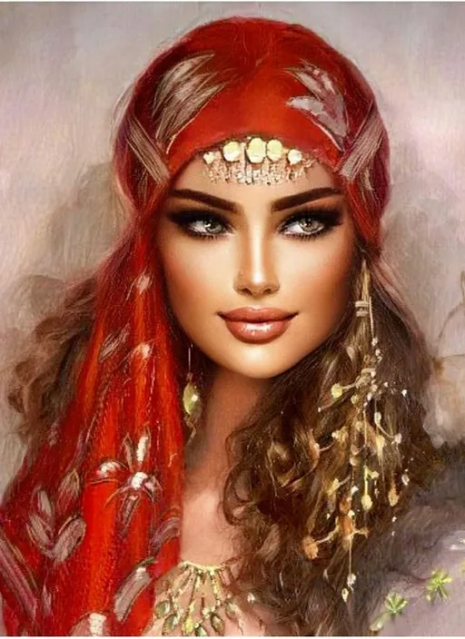 a woman with long hair wearing a red headpiece