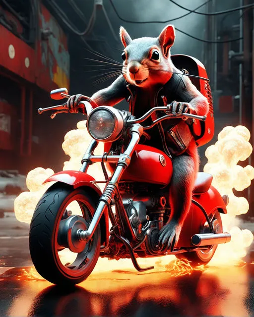 a mouse riding a red motorcycle on a city street