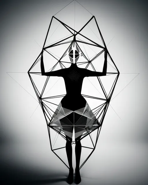 a black and white photo of a person standing in front of a geometric structure