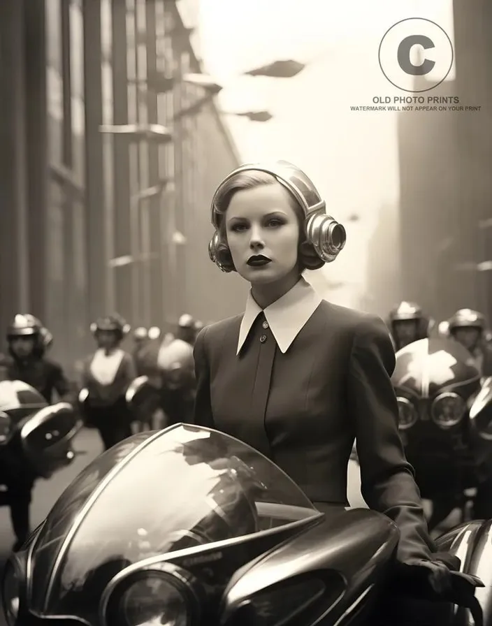 a woman with headphones standing next to a motorcycle