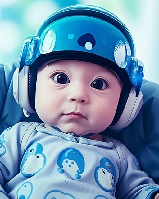 a baby wearing a blue helmet sitting in a chair