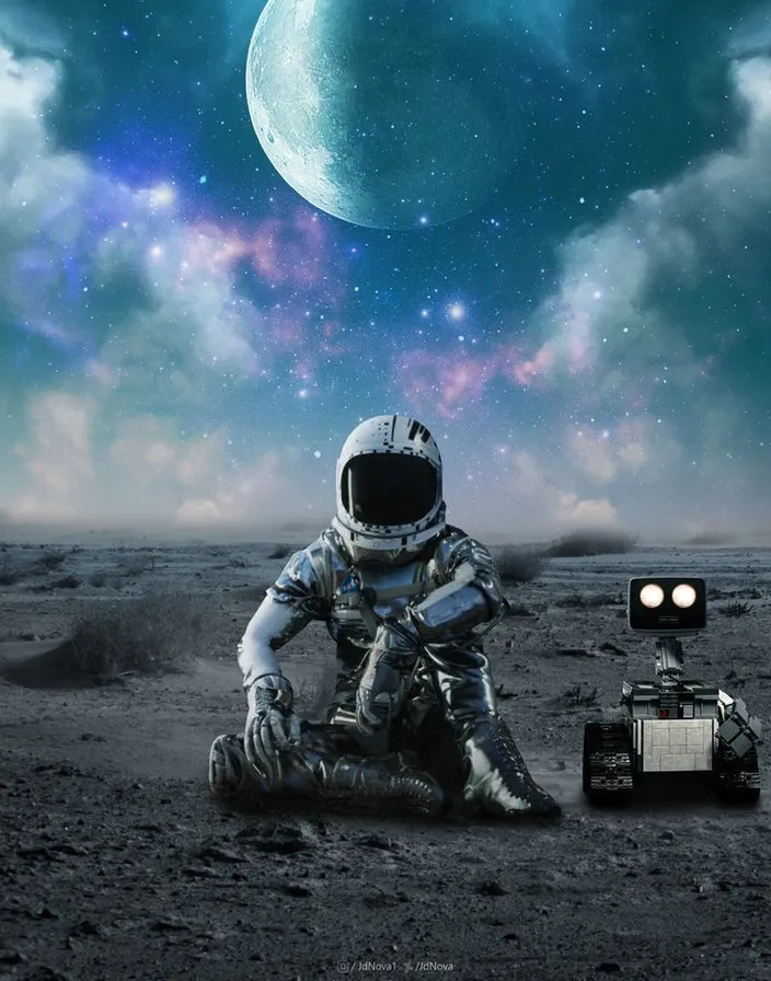 an astronaut sitting on the ground next to a little pet robot