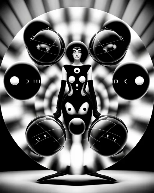 a black and white photo of a person surrounded by balls