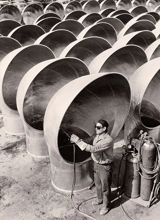 a black and white photo of a man in front of large pipes