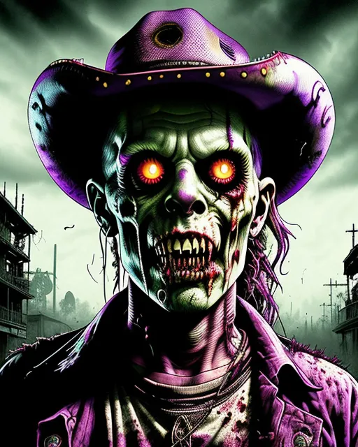 a zombie with red eyes wearing a purple hat