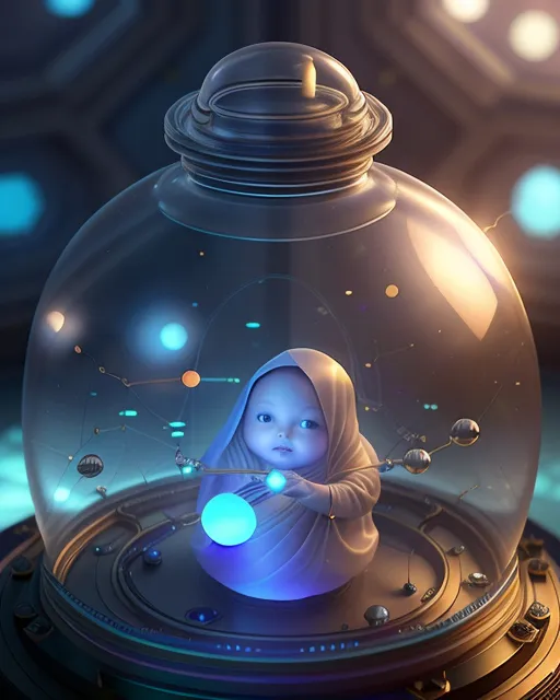 a little girl in a space suit inside of a glass dome