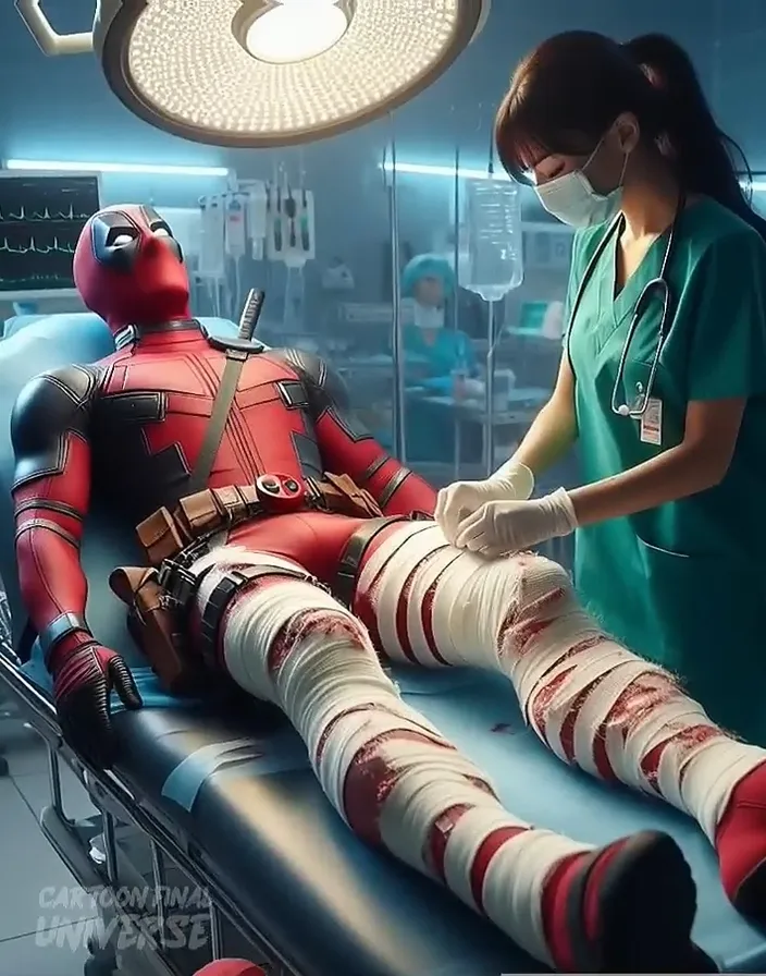 a woman in a green scrub suit standing next to a deadpool