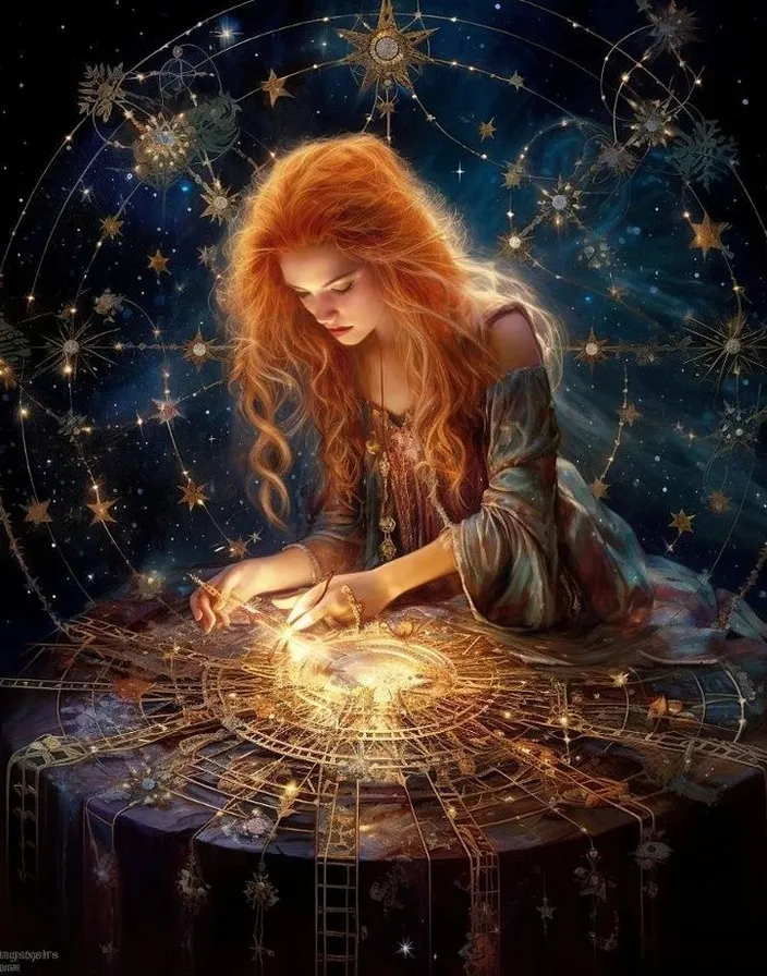 a woman sitting on top of a table surrounded by stars