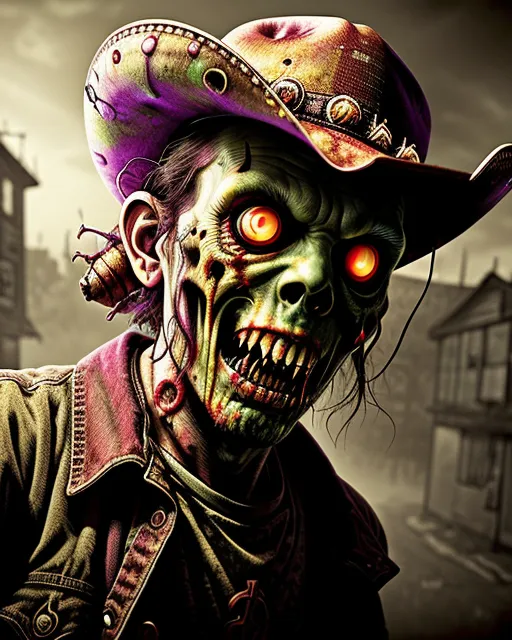 a zombie with red eyes and a cowboy hat