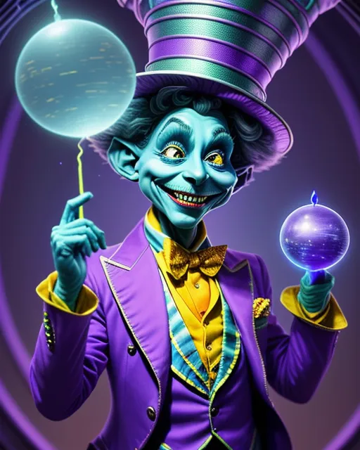 a painting of a man in a top hat holding a crystal ball