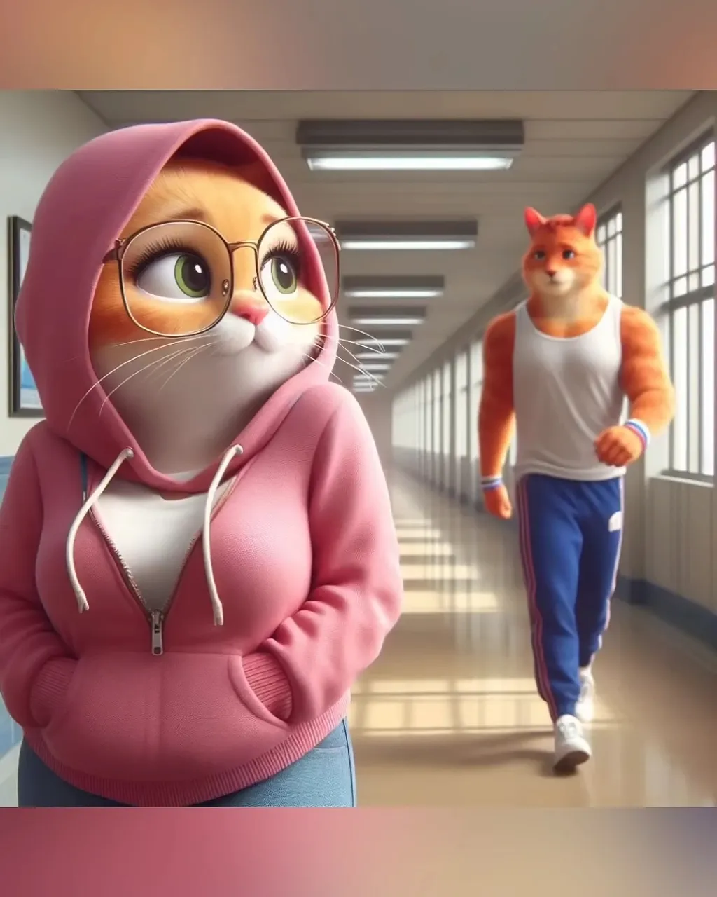 a cat in a pink hoodie walking down a hallway