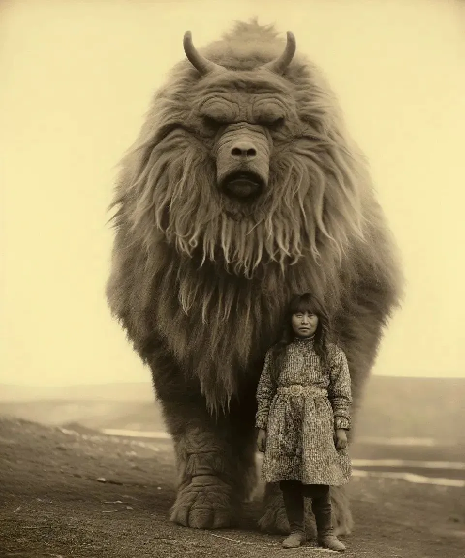 a woman standing next to a large furry animal