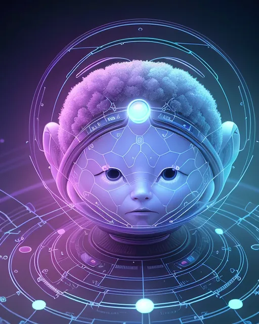 a digital image of a child's head in the center of a circle