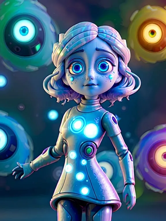 Elara's eyes widened in wonder as the nanobots swirled around her, their luminescent trails painting the air with light.