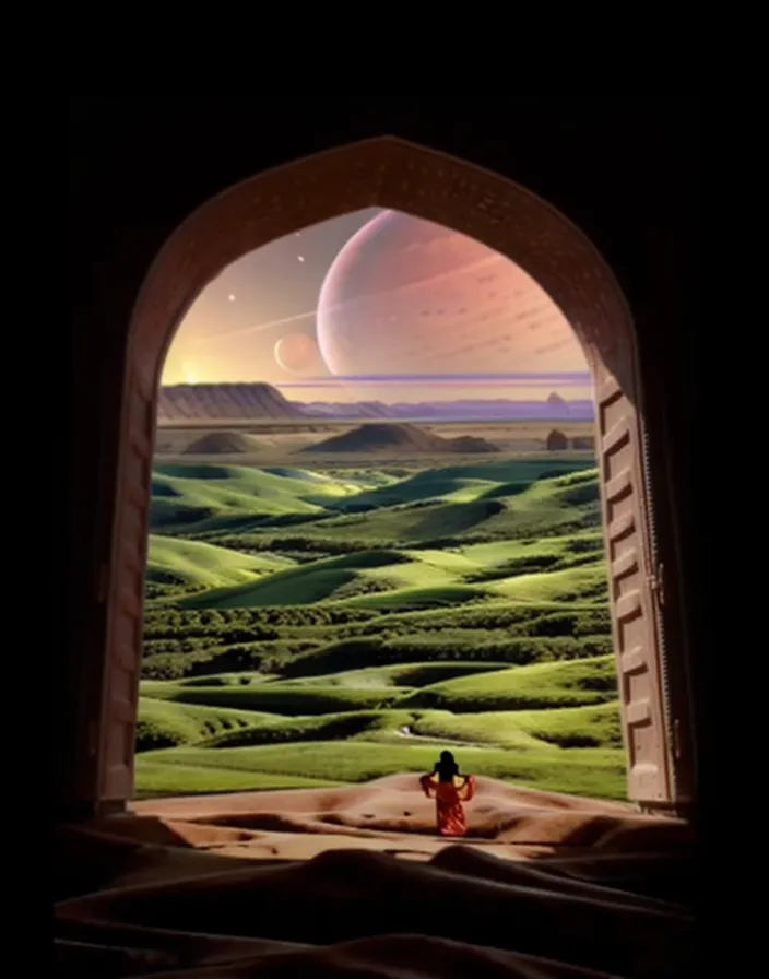 a women in a sari approaching a door way to a new world with outer worldly landscape, clouds moving, sci fi