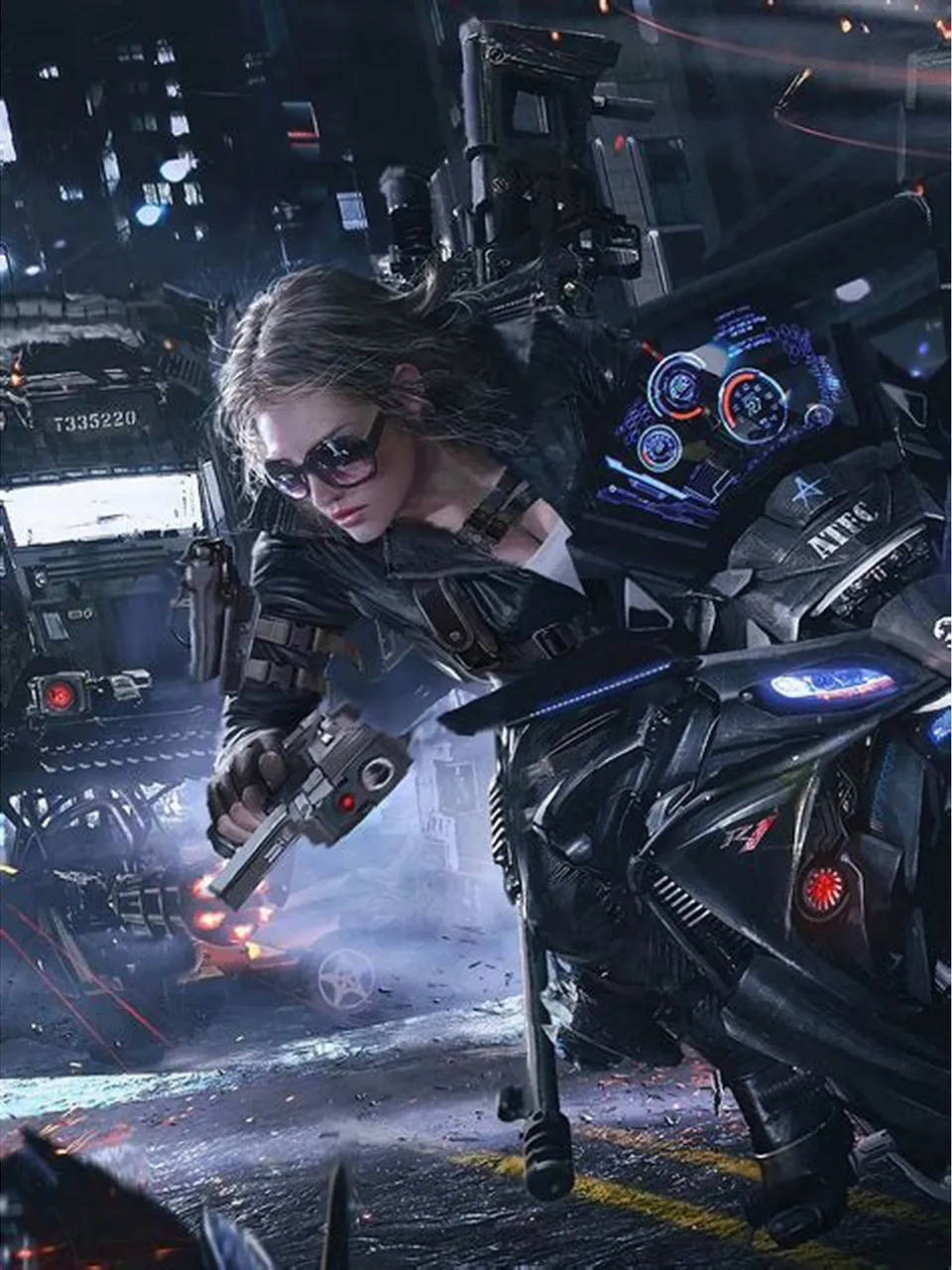 a woman holding a gun in front of a robot