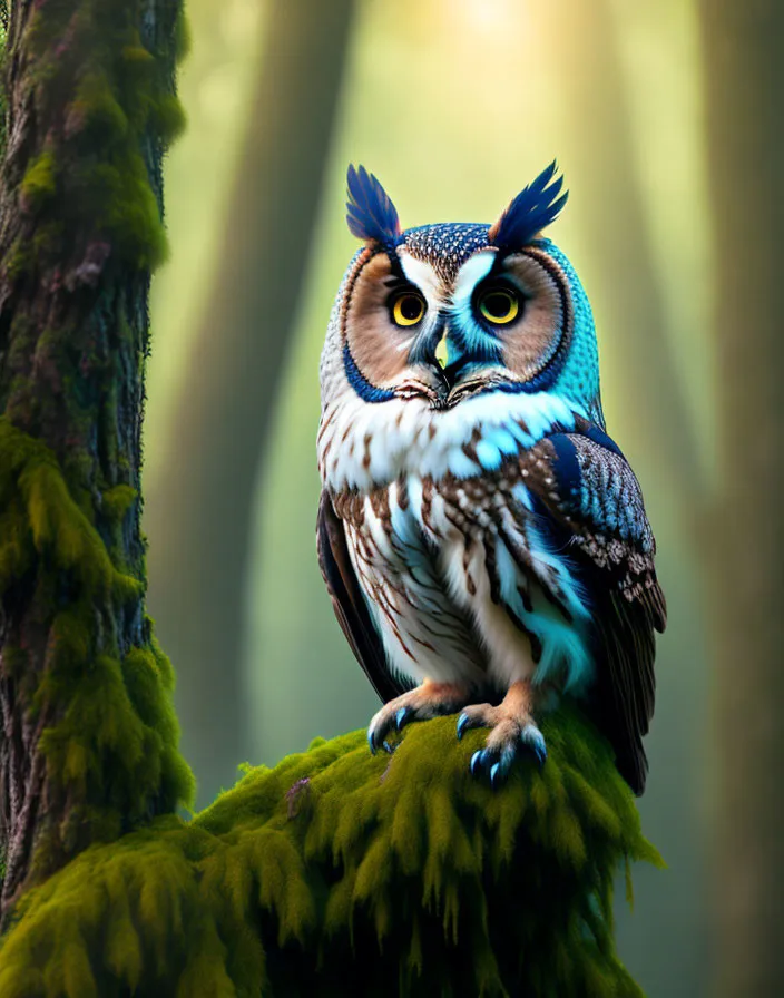 bird, branch, organism, owl, wood, beak, feather, terrestrial plant, art, electric blue