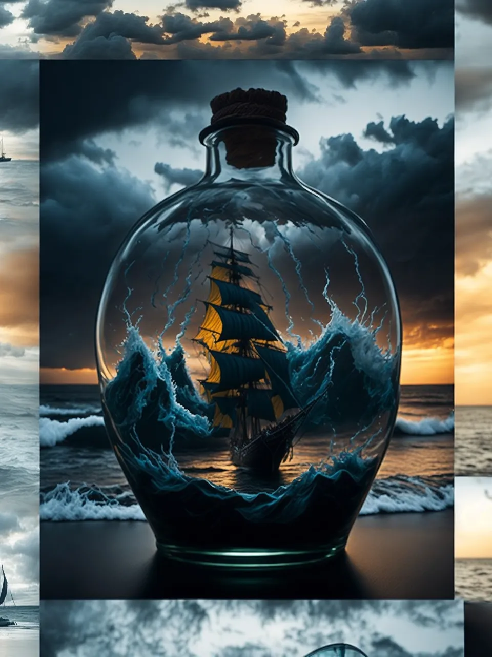 a series of photos of a ship in a bottle