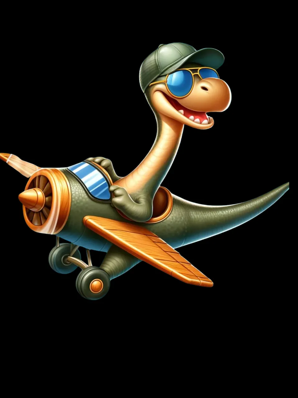 a cartoon dinosaur riding on top of an airplane