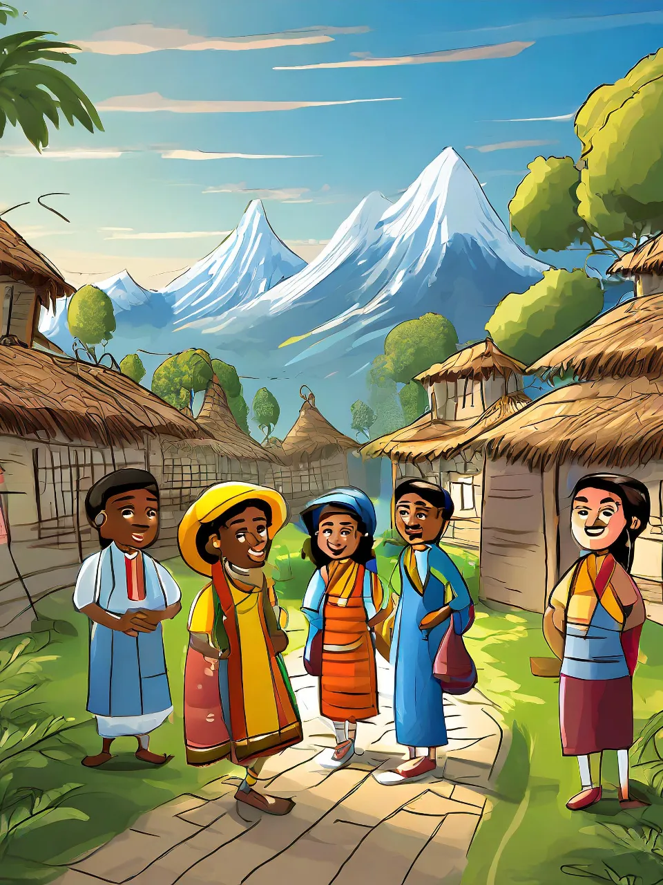 a group of people standing in front of a village