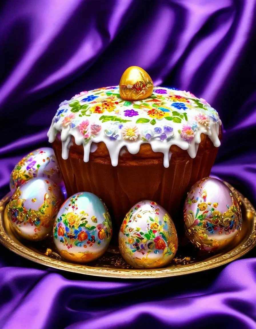 Classic Easter Russian Easter cake from life on a tray, around the Easter cake multi-colored painted eggs with patterns, next to a bouquet of lilacs in a vase, mega detailing, digital painting, velvet gouache, Khokhloma painting, HDR+, high rendering on the background of satin fabric, professional photo