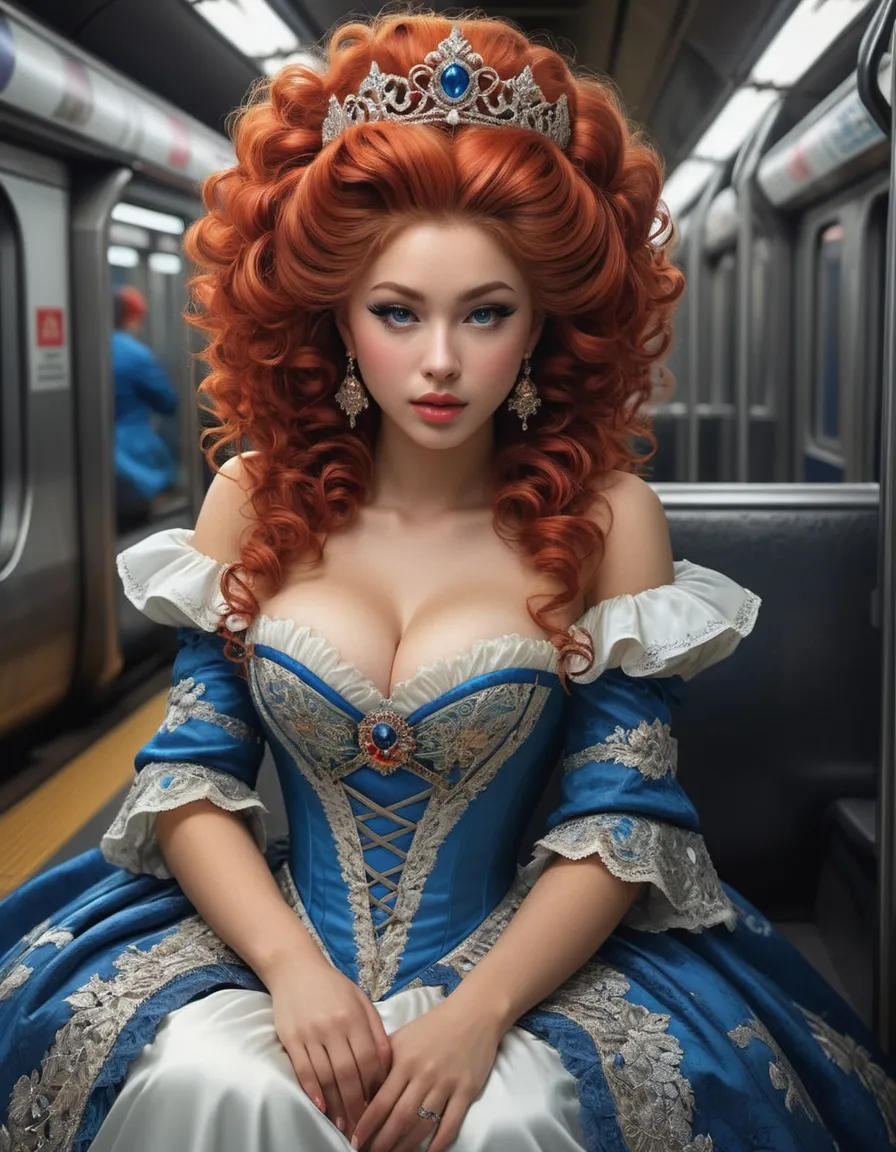 a woman in a blue dress sitting on a train