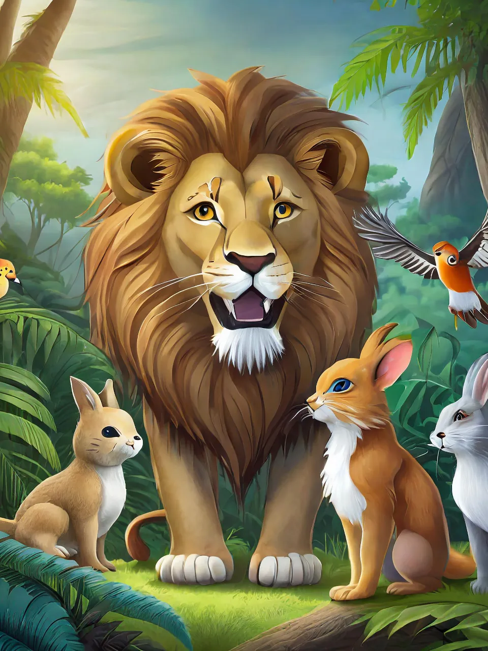 a lion surrounded by other animals in a jungle