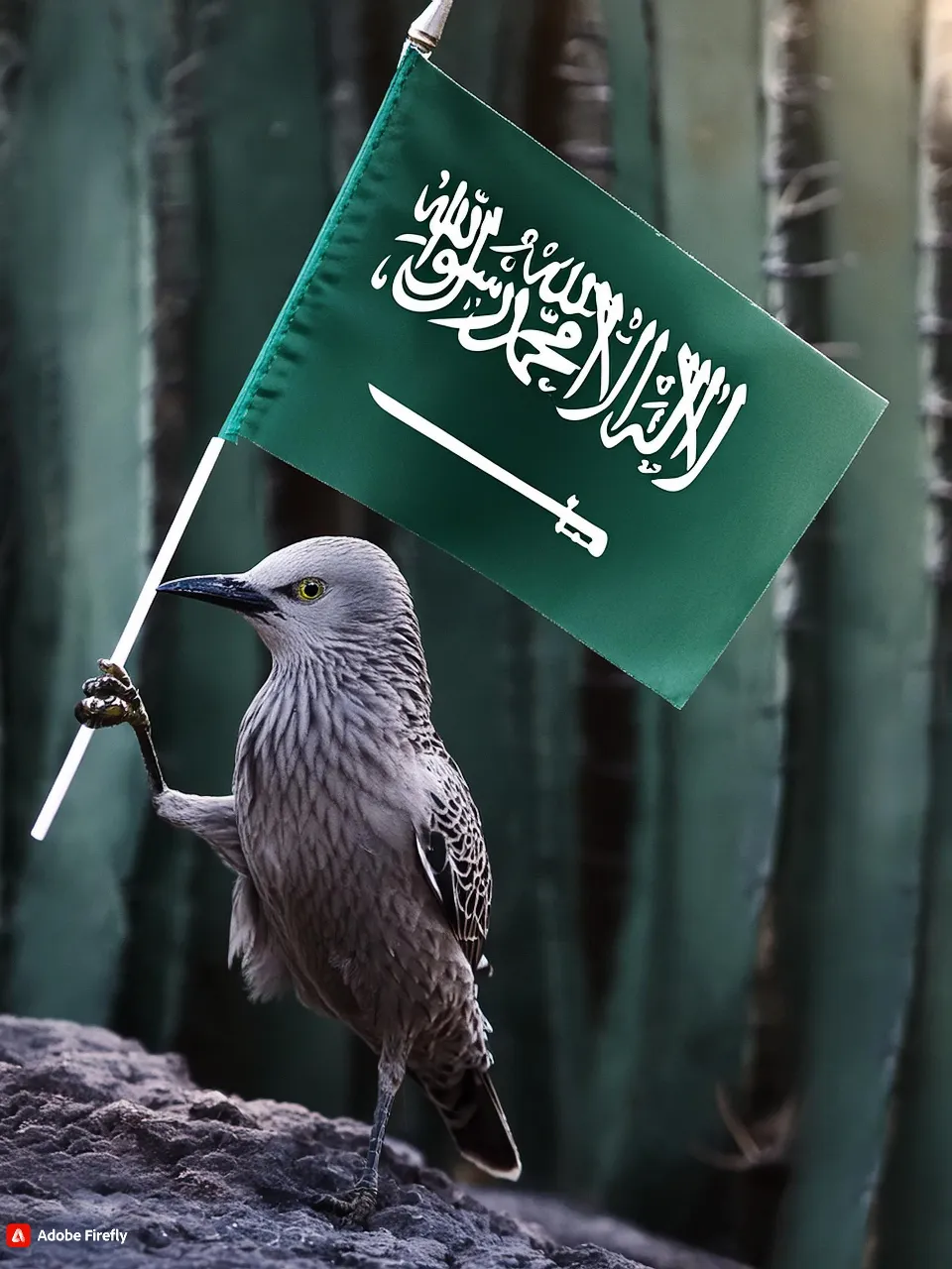 a bird holding a flag in front of a cactus