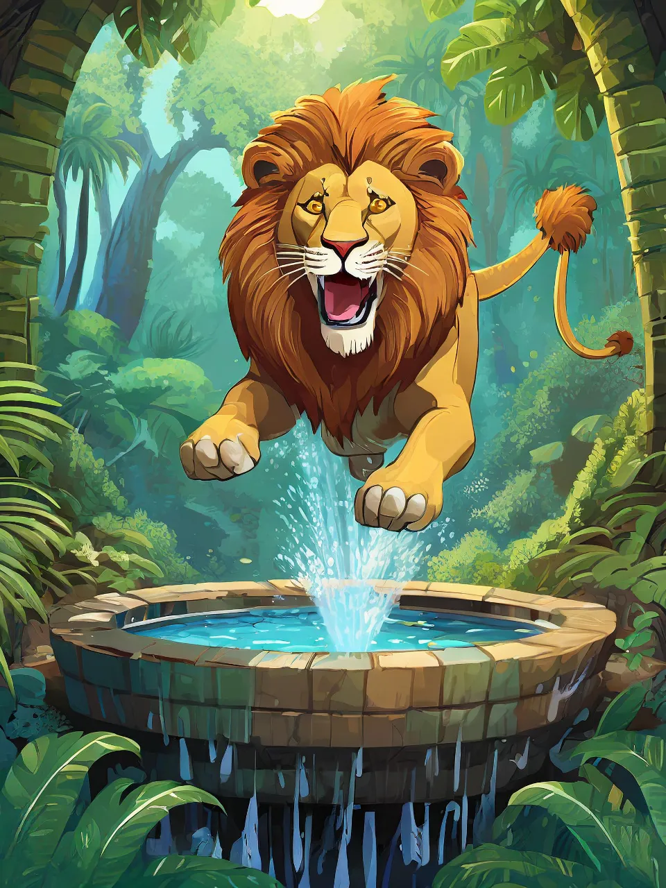 a lion jumping into a water hole in the jungle