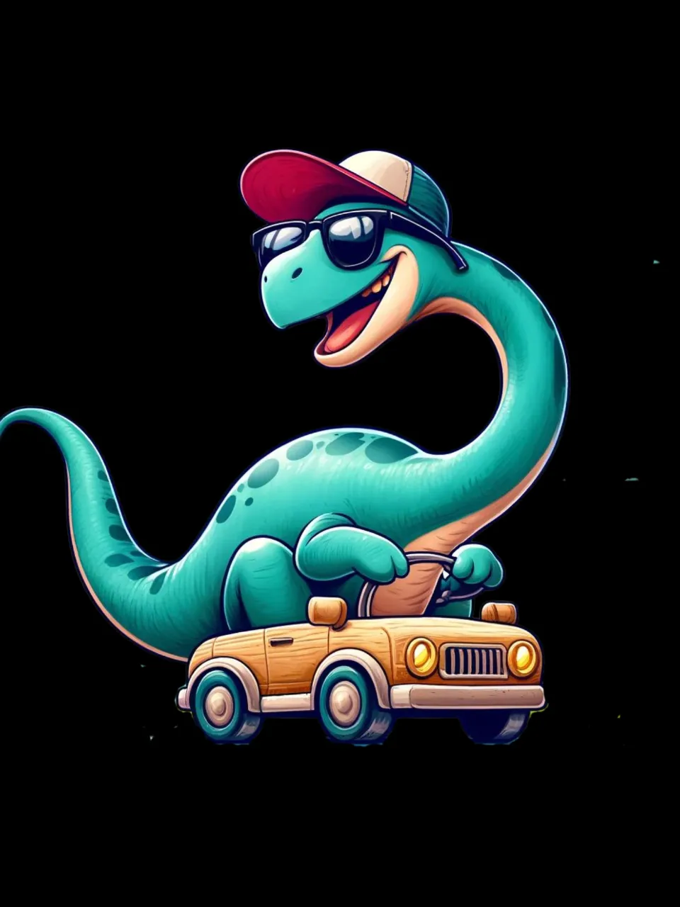 a cartoon dinosaur riding on top of a car