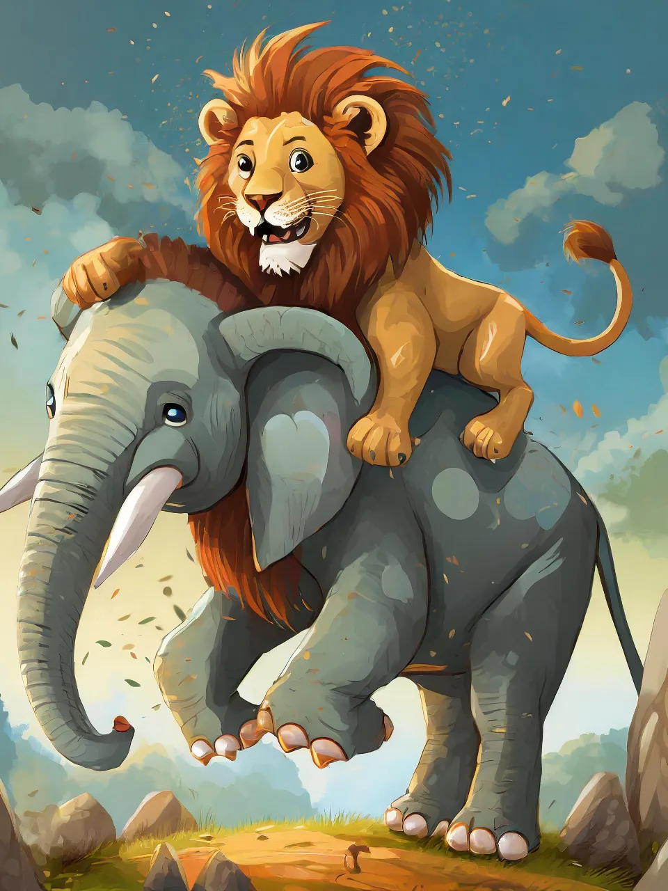 a lion riding on the back of an elephant