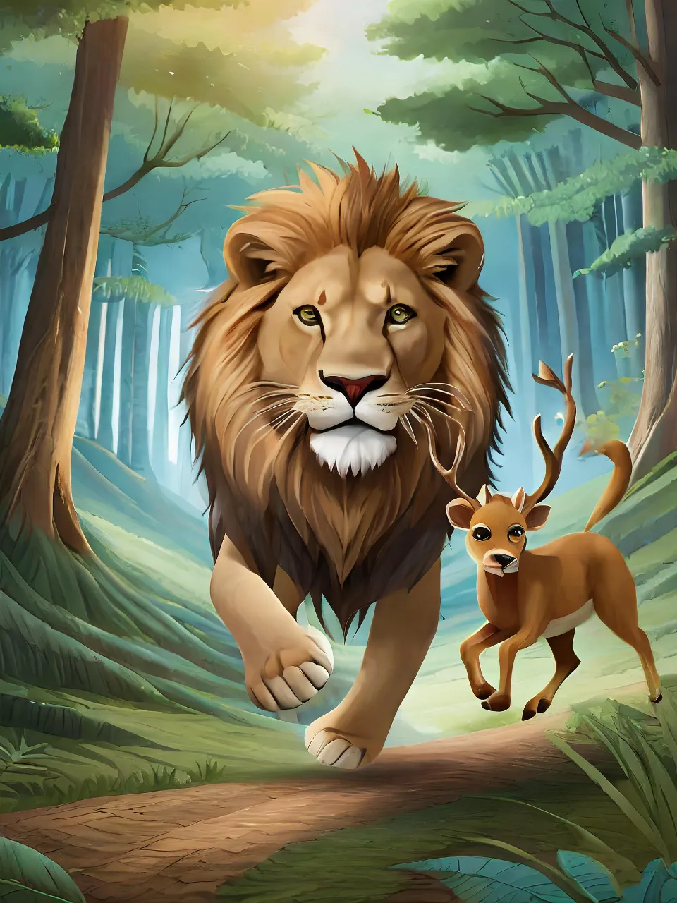 a lion and a deer in a forest