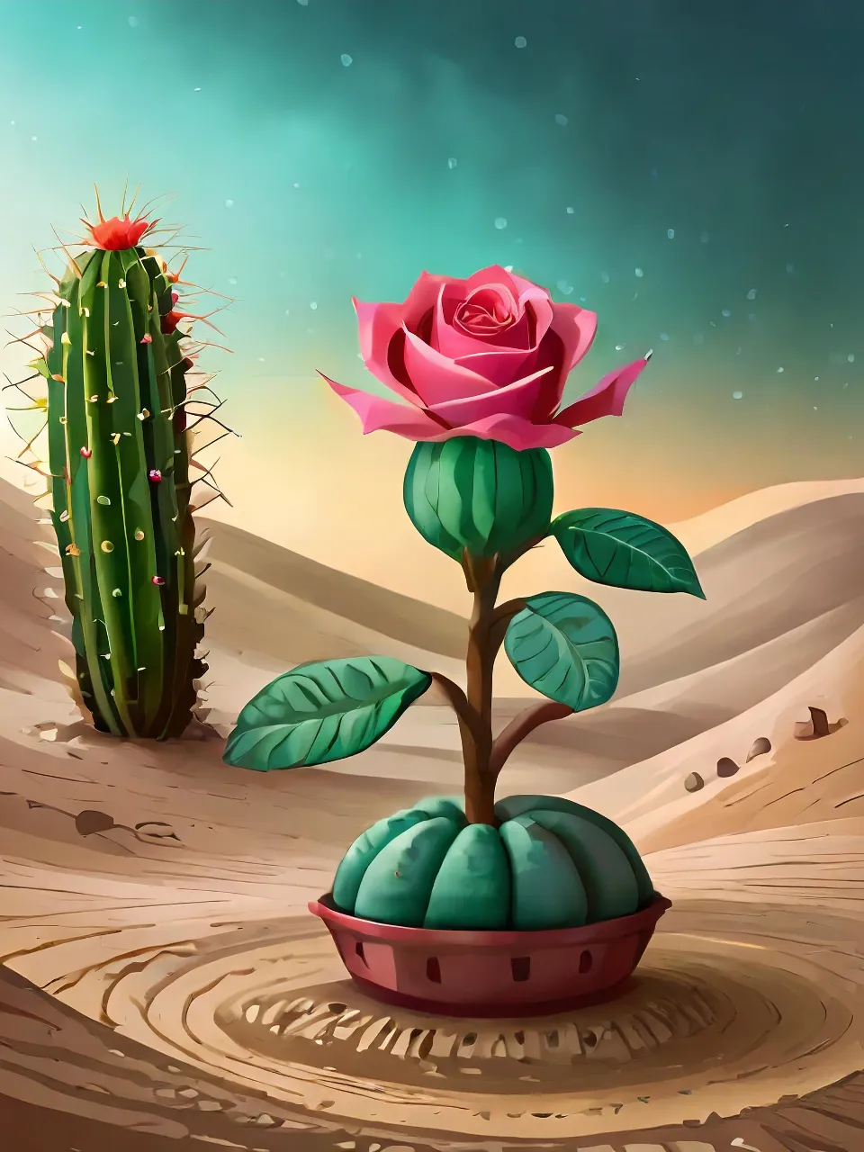 a pink rose sitting in a pot next to a cactus