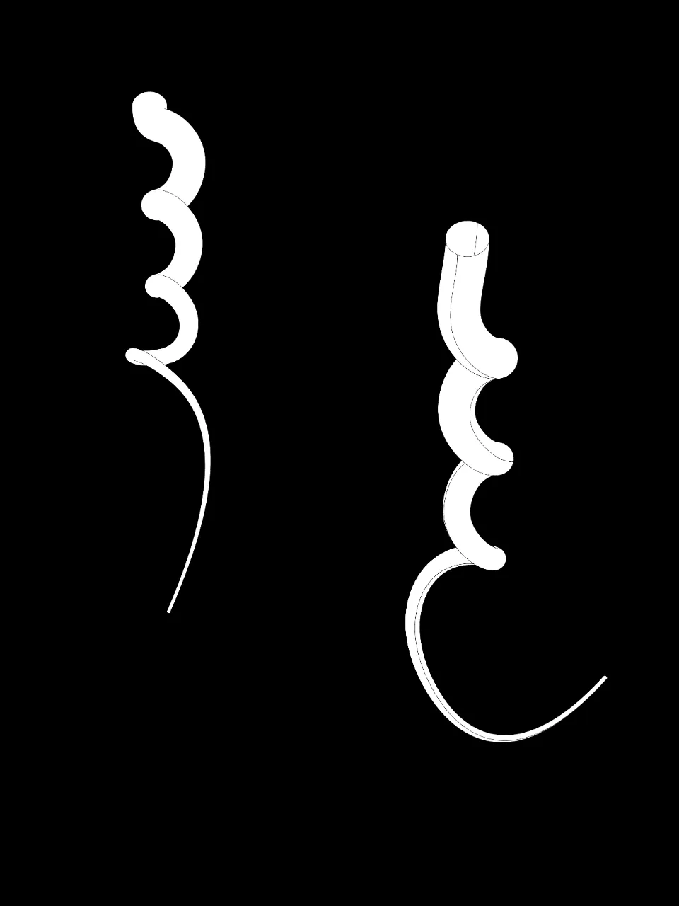 a black and white photo of a pair of spirals