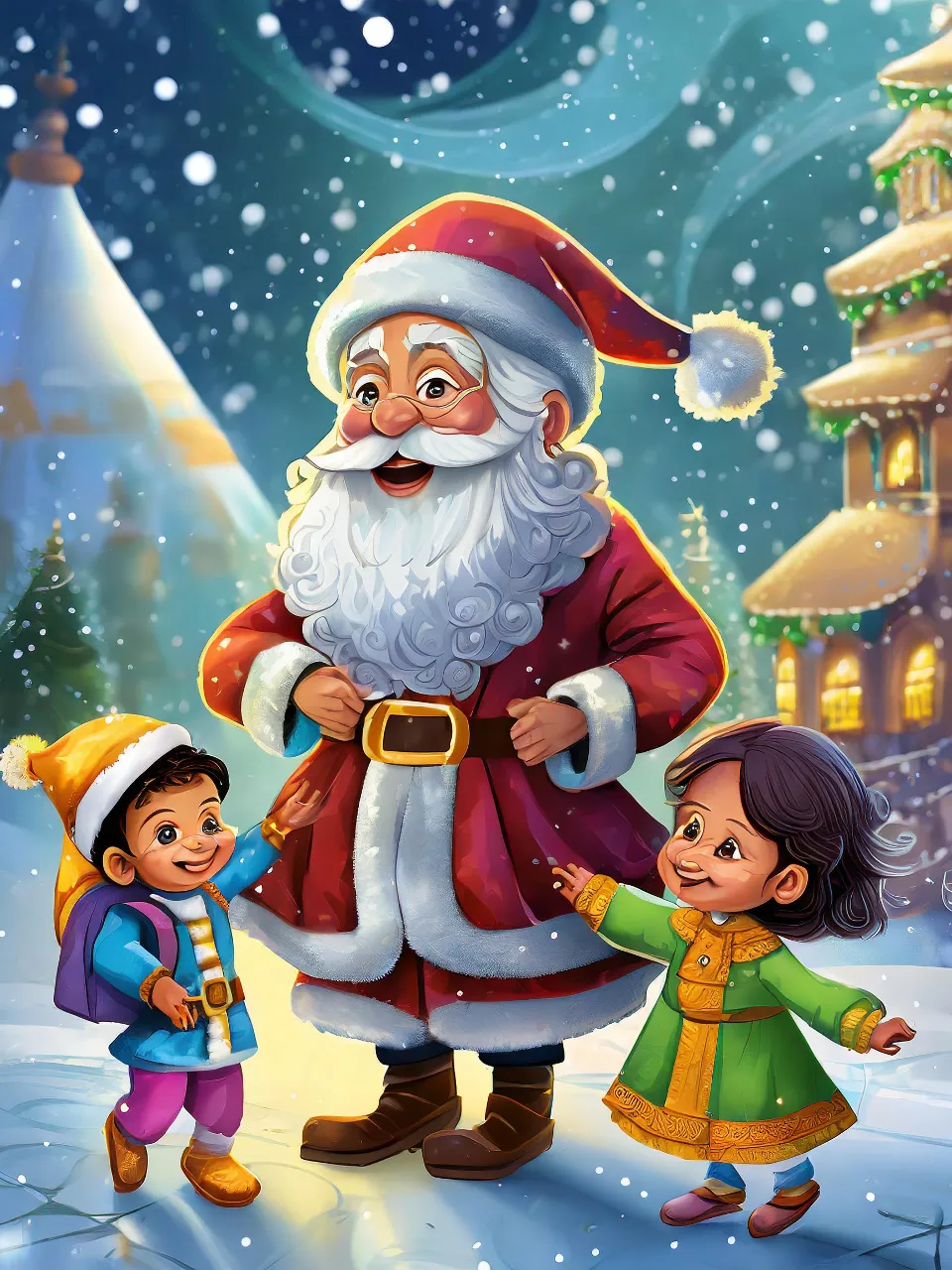 a painting of a santa clause with two children