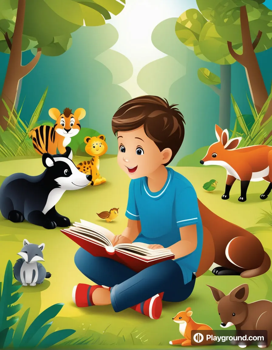 a boy reading a book in a forest with animals