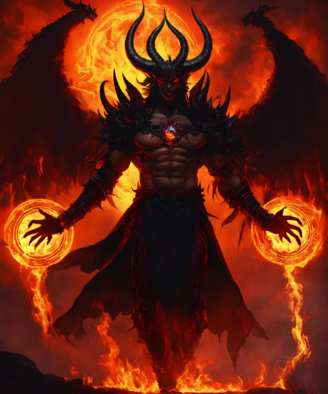 a demonic demon standing in front of a fire ball