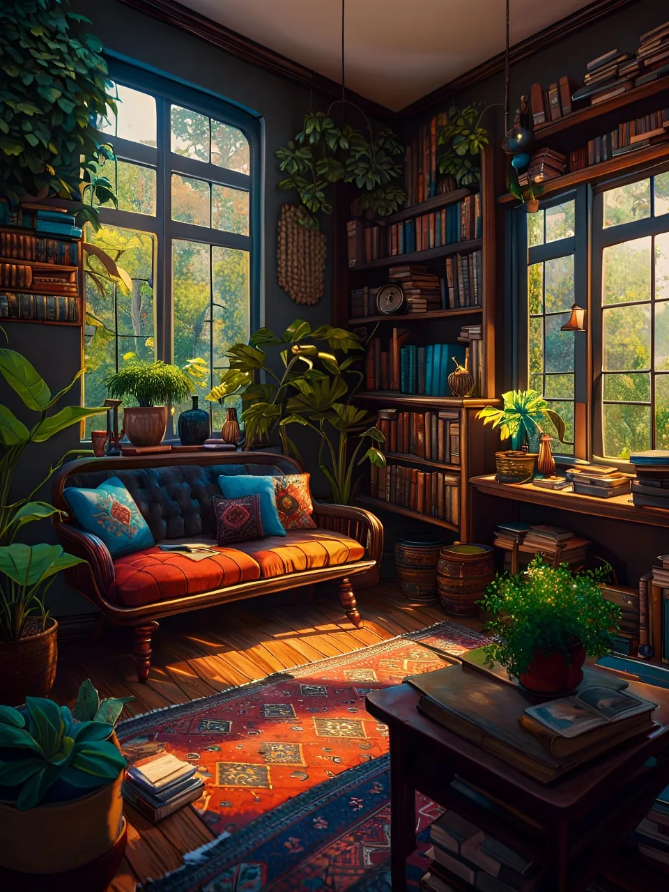 a living room with a couch, bookshelf, potted plants and a