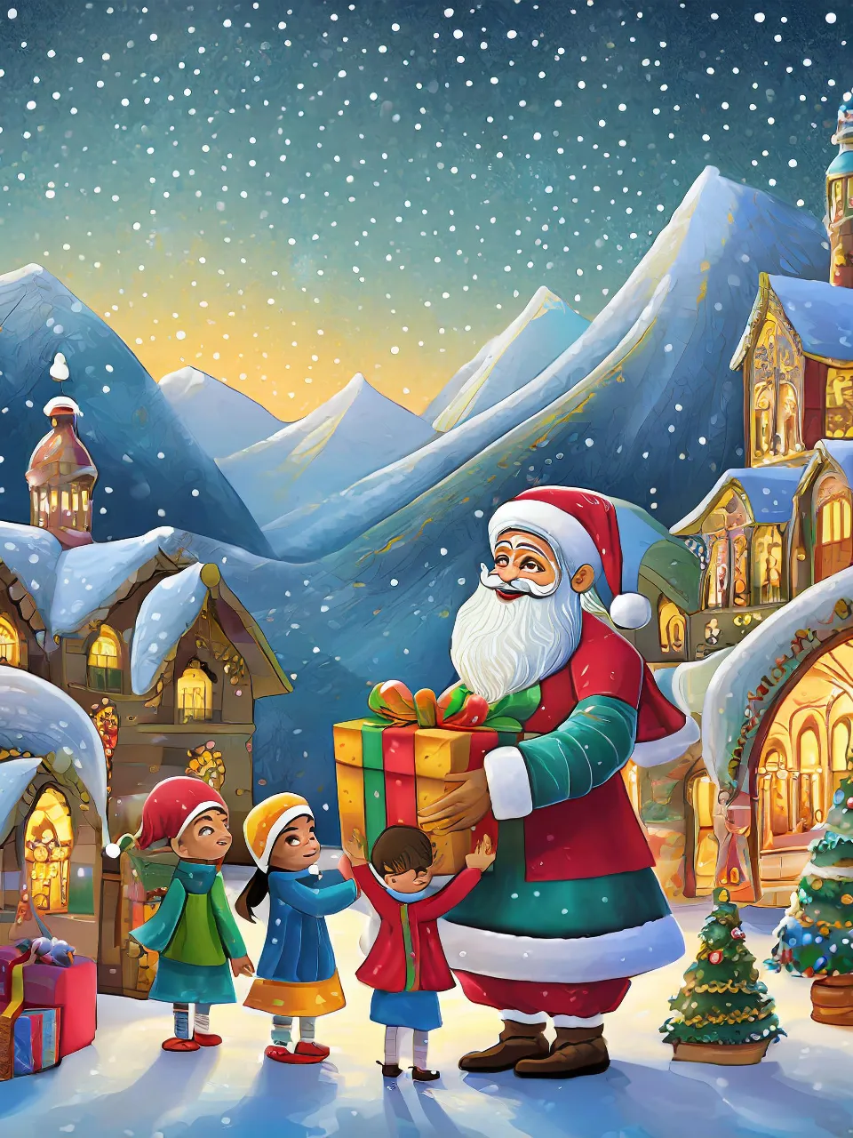 a painting of a santa clause giving presents to children