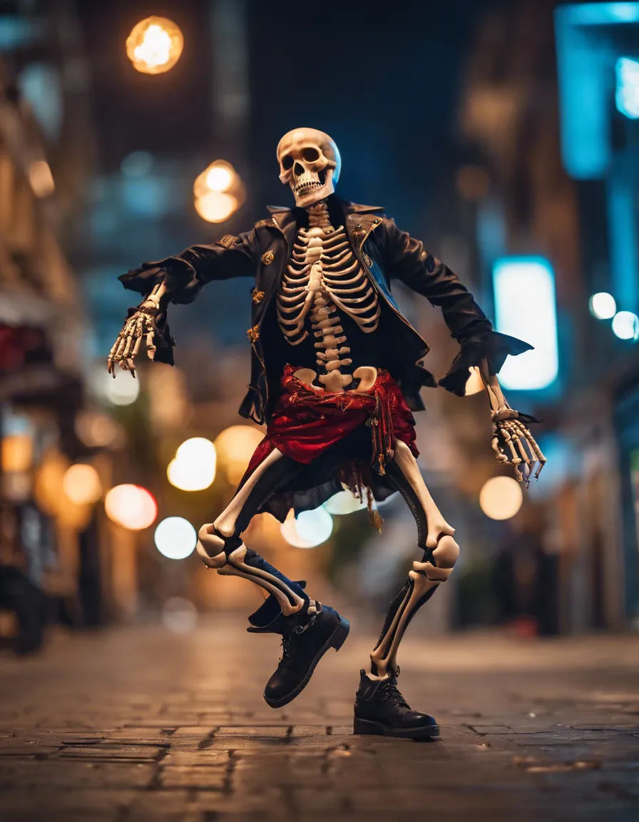 a skeleton figurine is posed on a city street