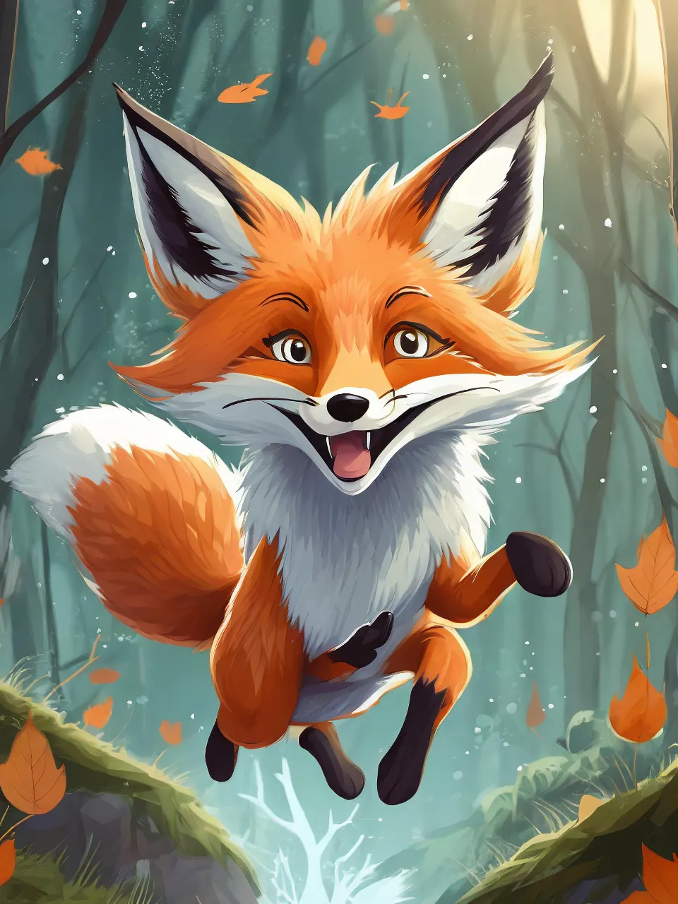 a red fox running through a forest filled with leaves