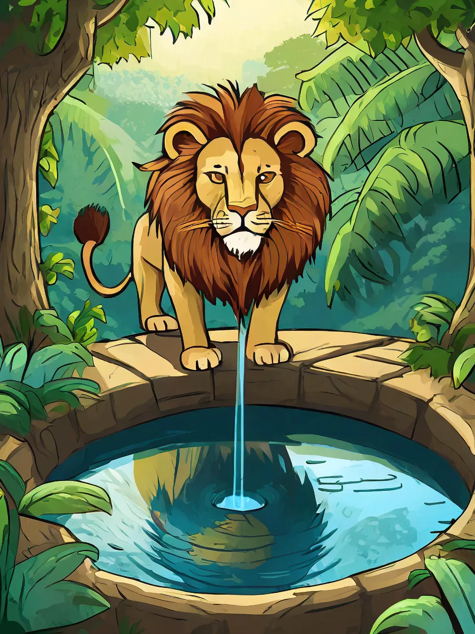 a lion standing on a stone bridge over a small pool of water