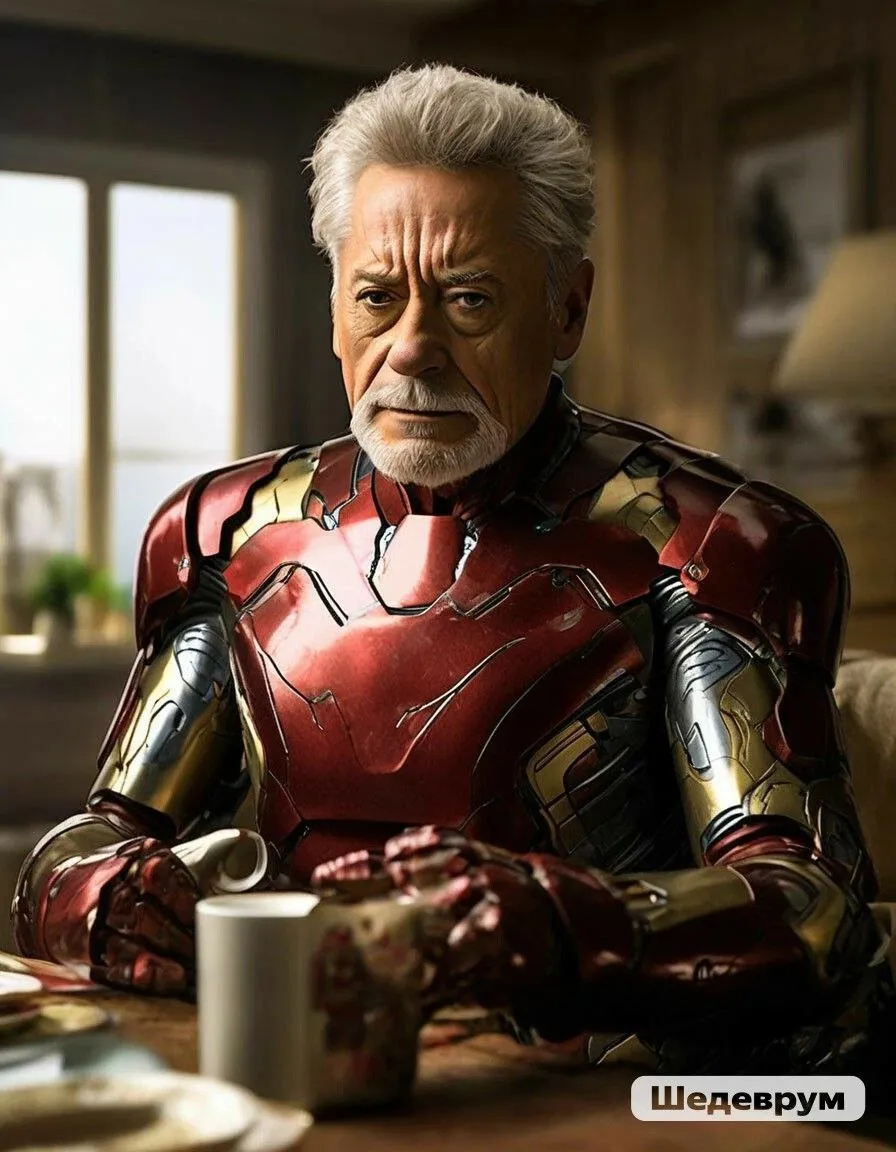 an old ironman sitting at a table