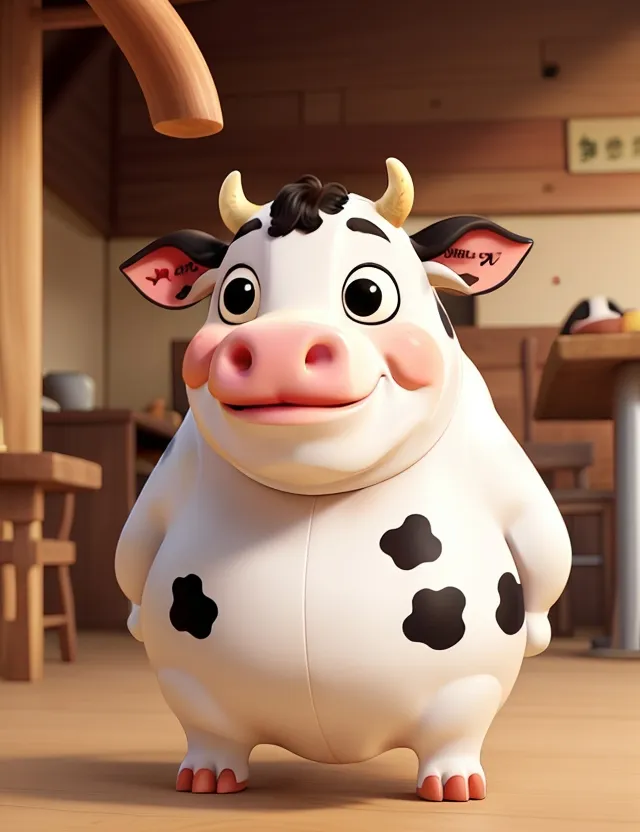 a cartoon cow standing in a kitchen next to a table