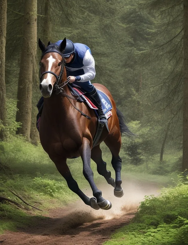 a man riding on the back of a brown horse through a forest